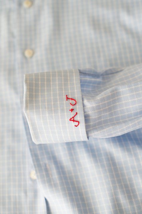 shirt for groom personalized with couple's initials embroidered by hand - a step by step diy wedding tutorial on how to make a personalized mens' shirt for the groom by garter designer The Garter GIrl #gartergirl #thegartergirl #diy #diywedding #howto #weddingdiy #diyembroidery #embroidery #weddingideas Embroidery Shirt Men, Personalized Wedding Garter, Embroidered Shirt Dress, Sentimental Wedding, Wedding Embroidery, Heirloom Wedding, Embroidered Initials, Something Blue Wedding, Wedding Initials