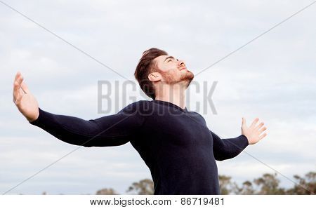 Handsome guy with open arms relaxed in the field Open Arm Pose Reference, Open Arms Drawing Reference, Arms Extended Reference, Open Arms Reference, Arms Open Pose Reference, Open Arms Pose Reference, Emotional Poses, Men Reference, Field Images