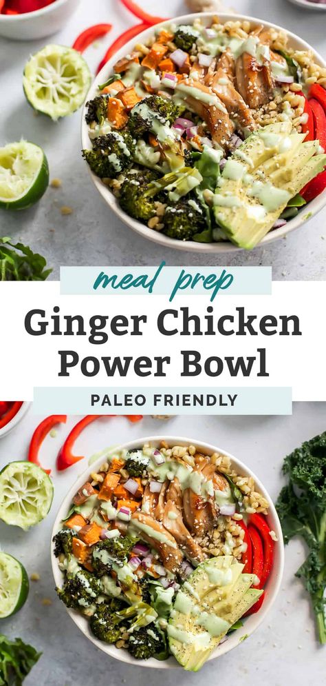 These Ginger Chicken Power Bowls with Creamy Lime Dressing is packed with powerful superfoods to get you through the week. It's full of flavor, perfect for meal prep and easily customized to be Gluten-Free, Dairy-Free, Paleo and Vegetarian! #gingerchicken #powerbowl #mealprep #glutenfreerecipes #dairyfreerecipes Chicken Power Bowls, Honey Ginger Chicken, Power Bowl Recipe, Healty Dinner, Healthy Bowls Recipes, Power Bowl, Honey Ginger, Power Bowls, Ginger Chicken