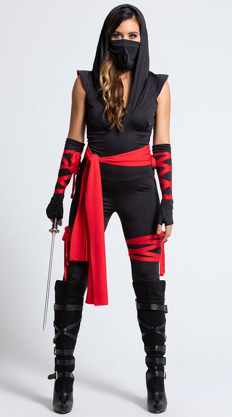 Assassin Costume, Ninja Halloween, Ninja Outfit, Catsuit Costume, Black Catsuit, Warrior Costume, Black Costume, Fantasias Halloween, Adult Halloween Costumes