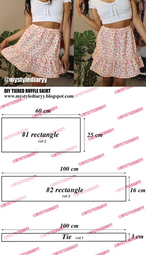 DIY tiered ruffle skirt Summer Skirt Pattern Free, How To Make A Ruffled Skirt, Ruffle Mini Skirt Sewing Pattern, Sewing Patterns Skirt Free, Ruffle Skirt Sewing Pattern, Ruffle Skirt Pattern Free, Diy Tiered Skirt, Diy Ruffle Skirt, Ruffled Skirt Pattern