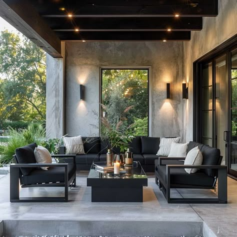 7+ Stylish Black Front Porch Decorating Ideas for a Modern Appeal • 333k+ Inspiring Lifestyle Ideas & Images Back Porch Lighting Ideas, Modern Black Patio Furniture, Outhouse Interior, Black Outdoor Lounge Furniture, Black Rattan Furniture Patio, Black Modern Outdoor Chairs, Black Outdoor Furniture Wicker, Black Outdoor Furniture, Modern Front Porches