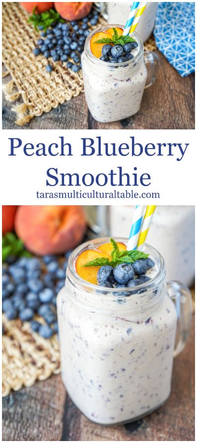 Peach Blueberry Smoothie in a handled glass mug with fresh peaches, blueberries, and a mint sprig. Smoothie Calories, Smoothie Diet Recipes, Peach Smoothie Recipes, Smoothie Recipes With Yogurt, Peach Blueberry, Blueberry Smoothie, Smoothie Drink Recipes, Yogurt Smoothies, Blueberries Smoothie