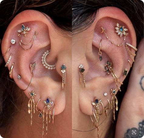 Ear Piercing Ideas For Pointy Ears, Ear Piercings Layout, Ear Piercing Layout Ideas, Stacked Earrings Aesthetic, Piercings Ear Aesthetic, Ear Piercing Layout, Cool Earrings Aesthetic, Gold Ear Piercings, Ear Piercing Curation