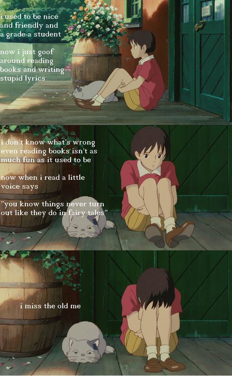 Whisper Of The Heart Zara Malik, I Miss The Old Me, Miss The Old Me, Studio Ghibli Quotes, Hayao Miyazaki Art, Whisper Of The Heart, Miyazaki Art, The Cat Returns, Studio Ghibli Movies