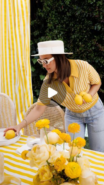 Aliana Events / Wedding & Event Planner on Instagram: "Setting the stage for a summer soirée with vibrant yellow stripes and zesty lemon balm! 🍋 

#birthday #fun #evenplanner #eventdesign #producer #events #aliaevents #summer #celebration #bithday" Yellow Table Setting, Lemon Birthday Party, Wedding Pool Party, Dinner Party Summer, Yellow Table, Party Setup, Striped Wedding, Summer Celebration, Wedding Tables