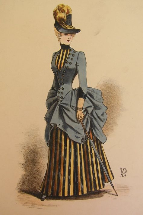 Loving the stripes!  Late 1880s 1880 Fashion, Victorian Era Fashion, 1880s Fashion, 1890s Fashion, 1800s Fashion, Bustle Dress, Victorian Costume, 19th Century Fashion, History Fashion