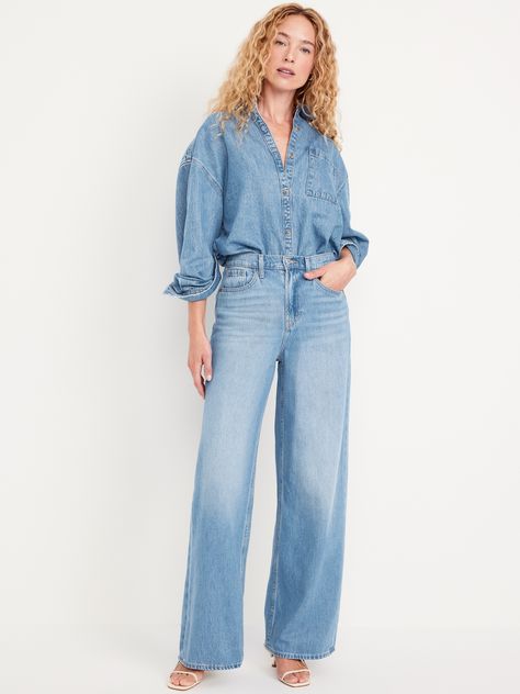 high waisted button front belt loops zip fly front scoop pockets back patch pockets whiskering sits at belly button loose hip and thigh hits below ankle 30" regular inseam 28" petite inseam 33" tall inseam models are approx.  5'9" and wear sizes s (4), l (12), and xl (18)machine wash according to the care instruction label Baggy Jeans For Older Women, Wide Leg Jeans Petite, Women Wide Leg Jeans, Denim Headband, Hair Doctor, Denim Belt, Tall Jeans, Perfect Jeans, Old Navy Women