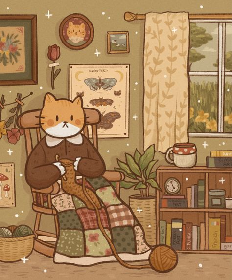 orange and white cat character sitting in a rocking chair with a blanket over her lap. she wears a brown collared sweater and is crocheting with orange yarn. the room she’s in is warm and cozy, and she’s seated by a window with a view of tall green grass and lush trees outside. there are dried flowers and vintage nature photos on the wall behind the cat, and a bookshelf filled with books beside her. Autumn Illustration, Cozy Crochet, Fairytale Art, Autumn Art, Cute Doodles, Whimsical Art, Cute Illustration, Pretty Art, Animation Art