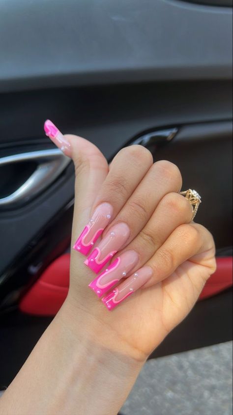 Cute Barbie Pink Nails, Baddie Nails Acrylic Pink Medium, Hot Pink Nails With Pearls, Pink Theme Acrylic Nails, Acrylic Nail Set Ideas Simple, Pink Barbie Acrylic Nails, Square Barbie Nails, Barbie Nails Design Ideas Long, White Pink Nails Acrylic