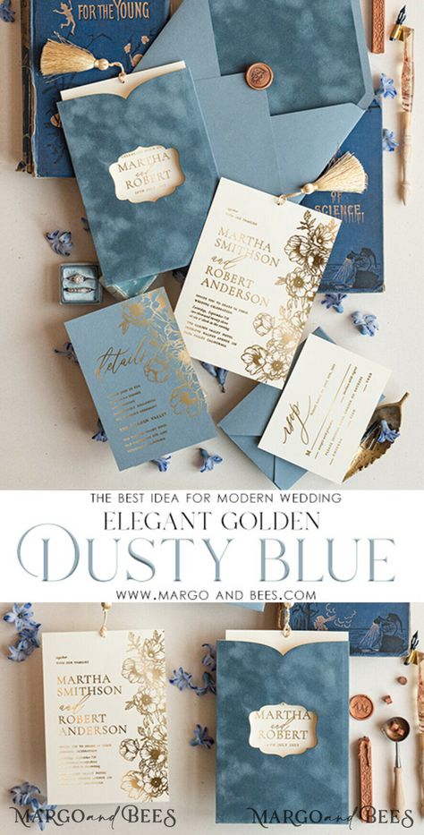 Blue Gold Wedding Theme, Original Invitations, Dusty Blue And Gold Wedding, Blue Velvet Wedding, Unique Wedding Invitations Elegant, Dusty Blue Invitation, Blue Gold Wedding Invitation, Gold Wedding Invitations Elegant, Velvet Invitation