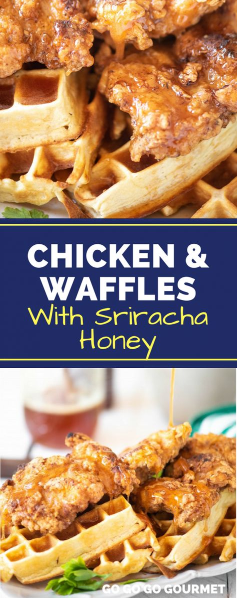 Chicken And Waffles Recipe Easy, Easy Brunch Appetizers, Chicken And Waffles Recipe, Honey Sriracha Sauce, Brunch Appetizers, Fried Chicken And Waffles, Savory Waffles, Easy Brunch Recipes, Waffles Recipe