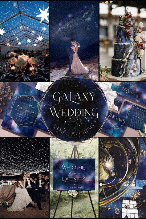 Plan your dream wedding in the style of the stars by creating a magical galaxy theme. From twinkling lights and shooting stars to vibrant hues that mimic the night sky, there's no limit to the possibilities. Showcase your unique style by adding touches of cosmic decor and shimmering details that will make your wedding truly out of this world. Take your guests on a journey to the stars and beyond with a galaxy wedding theme that will leave everyone in awe. Romantic Starry Night Wedding, Stardust Wedding Theme, Space Cowboy Wedding Theme, Cosmos Wedding Theme, Wedding Theme Starry Nights, Galaxy Themed Wedding Cake, Galaxy Bridesmaid Dress, Wedding Galaxy Theme, Night Sky Themed Wedding