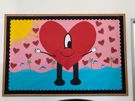 Valentines School Board Ideas, Bad Bunny Bulletin Board, Valentines Board, Valentine Bulletin Boards, Bulletin Ideas, Camp Projects, Bunny Valentines, Ra Bulletins, Ra Bulletin Boards