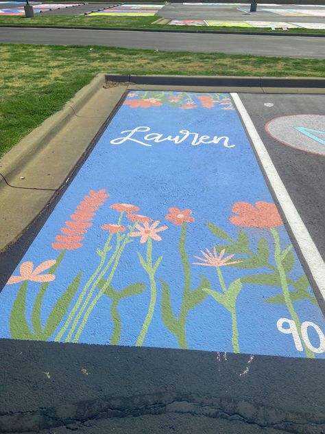 Senior Parking spaces, senior parking space ideas, senior parking spot, senior parking spot ideas, senior 2023, senior year, senior pictures, parking spot ideas, senior activities, painting ideas, decorating, flower painting, paint, parking spot with name, summer aesthetic, back to school, cute parking spot, class of 2023, painted parking spot School Brick Painting Ideas, Strawberry Parking Spot, Cute Easy Senior Parking Spots, Theatre Parking Spot, Senior Parking Space Ideas Butterfly, Group Parking Spot Ideas, Unique Parking Spot Ideas, Senior Brick Ideas Painting, Parking Spaces Painting