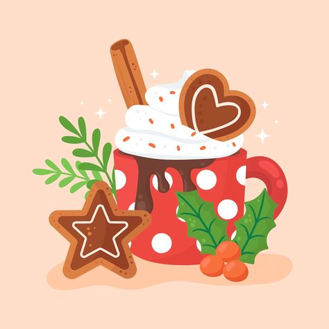 Hot Chocolate Illustration, Hot Chocolate Vector, Hot Chocolate Drawing, Hot Chocolate Art, Chocolate Illustration, Graphic Design Cards, Christmas Hot Chocolate, Kawaii Christmas, Cute Christmas Wallpaper