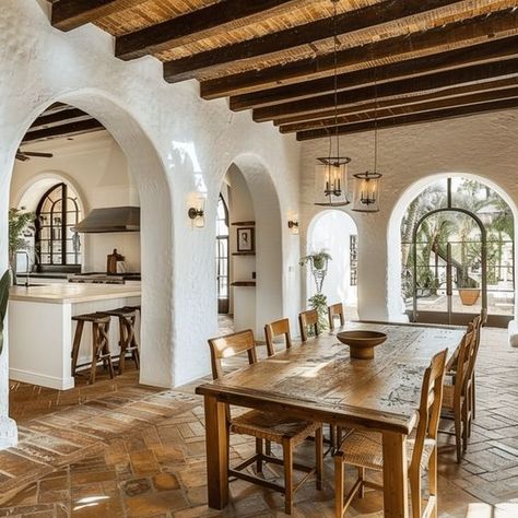 Spanish Villas Exterior, Spanish Style Home Entryway, Sante Fe Style Homes, Albanian House Interior, Spanish Hotel Design, California Ranch Kitchen, Spanish Modern Farmhouse, Luxury Spanish Style Homes, Spanish Brick House Exterior