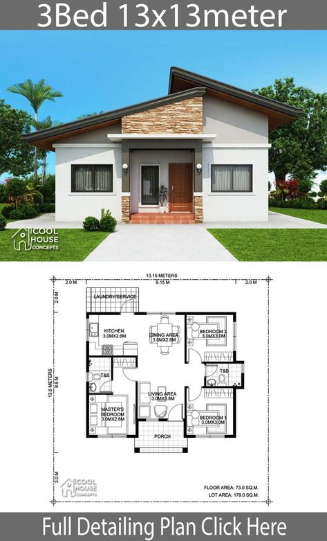 Modern Bungalow House Design, Three Bedroom House Plan, Pelan Rumah, Bungalow Floor Plans, Affordable House Plans, Two Story House, Free House Plans, Small House Floor Plans, Modern Bungalow House