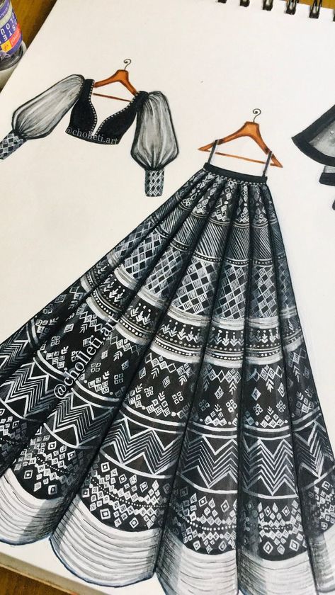 Lehenga Mandala Art, Mandala Art Dress Design, One Piece Dress Illustration, Mandala Dress Drawing, Blouse Sketch Design, Traditional Dresses Sketch, Mandala Art Dress, Doodles Dress, Fashion Outfits Sketches