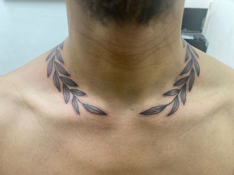 Wreath Around Neck Tattoo, Greek Laurel Tattoo, Leaves On Neck Tattoo, Leaves Around Neck Tattoo, Laurel Neck Tattoo, Olive Crown Tattoo, Neck Leaves Tattoo, Greek Leaves Tattoo Neck, Neck Leaf Tattoo