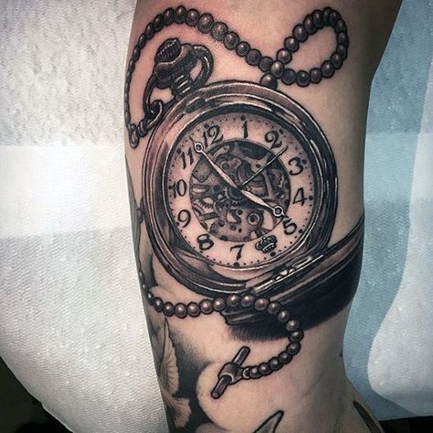 Striking Pocket Watch Tattoo Design On Forearms Men Bvb Tattoo, Tato Jam, Pocket Watch Tattoo Design, Watch Tattoo Design, Gear Tattoo, Pocket Watch Tattoos, Tato Dengan Makna, Chain Tattoo, Watch Tattoo