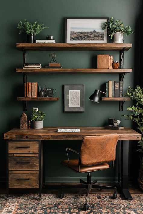 45 Tiny Home Office Ideas - TastyInteriors Small Industrial Office Design, Industrial Design Home Office, Black Green Office, Small Office Masculine, Dark Office Inspiration, Dark Green And Wood Office, Dark Green Office Paint Colors, Small Rustic Office Ideas, Home Office Tiny Space