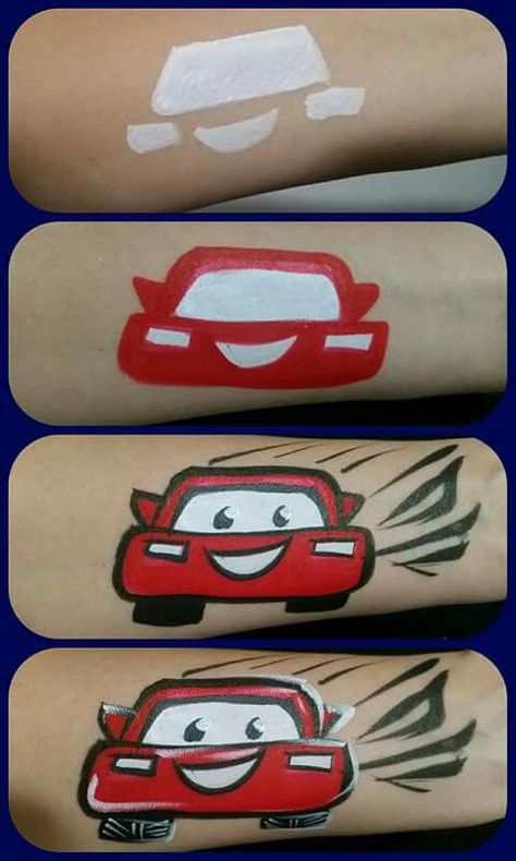 Car / Carz step by step Easy Face Painting Designs, Bodysuit Tattoos, Face Painting Tips, Face Painting For Boys, Paint Makeup, Cheek Art, Face Painting Tutorials, Arm Painting, Face Painting Easy