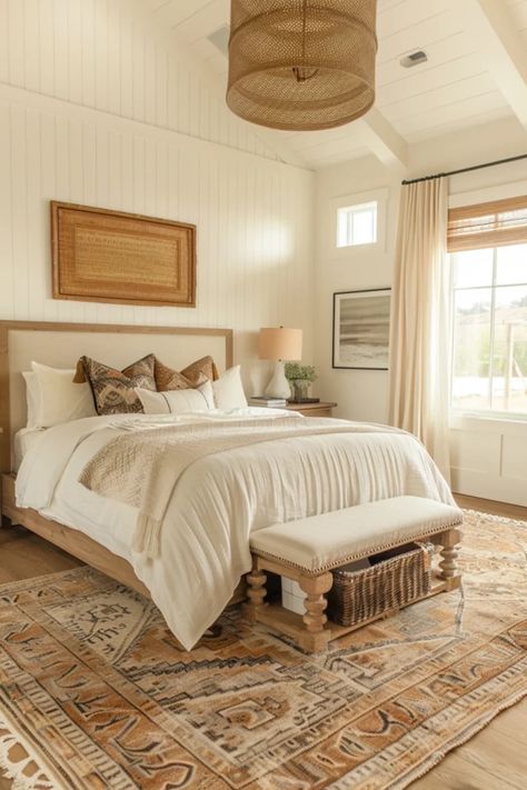 Bright, cozy bedroom with a large bed, white bedding, beige accents, and a patterned area rug, showcasing a warm and inviting decor style. Boho Farmhouse Bedroom, Hotel Style Bedding, Wooden Bed Frame Rustic, Bedroom Neutral, Boho Farmhouse Decor, Style Bedding, Farmhouse Room, Antique Bedroom, Modern Farmhouse Bedroom