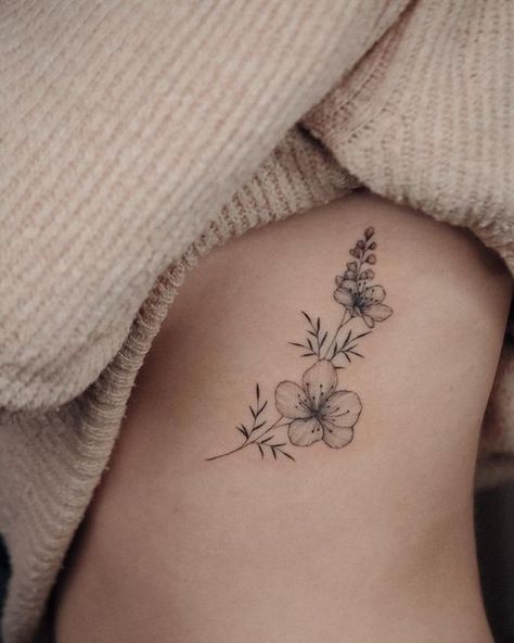 Orchid Tattoo Rib Cage, Cherry Blossom Tattoo Ribs, Blossom Flower Tattoo, Rib Tats, Small Hidden Tattoos, Flower And Butterfly Tattoo, Hidden Tattoo, Underboob Tattoos, Butterfly With Flowers Tattoo