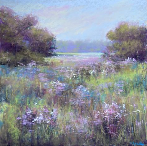 Spring Meadow by Kellie Jacobs, Pastel, 20 x 20 Felted Crafts, Pastel Colors Art, Pastel Butterflies, Spring Meadow, Pastel Sec, Pastel Artwork, Pastel Landscape, Summer Painting, Landscape Art Painting