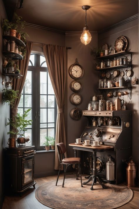 Cozy corner with a vintage coffee brewing station surrounded by clocks and shelves with plants, jars, and cups. Steam Punk Rooms, Steampunk Office Ideas, Steam Punk Interior Design, Steampunk Room Ideas, Steampunk House Interiors, Steampunk Decor Diy, Steam Punk Room, Coffee Nook Ideas, Steampunk Interior Design