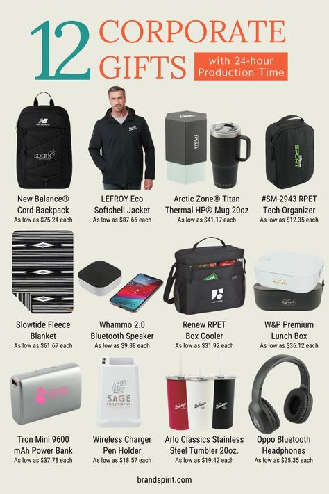 Brand and customize these quality items to give as corporate gifts. This list includes computer backpacks, promotional drinkware, lightweight jackets, and more.

But what’s really great about this collection is they offer 24-hour production time so it’s perfect when you’re in a rush. You can check out more branded items with fast turnaround time from this regularly updated catalog. Additional fees may apply for rush orders. Company Gifts Business, Corporate Promotional Items, Promotional Items Marketing, Promotional Items For Business, Unique Promotional Items, Corporate Branded Gifts, Luxury Corporate Gifts, Corporate Promotional Gifts, Swag Items