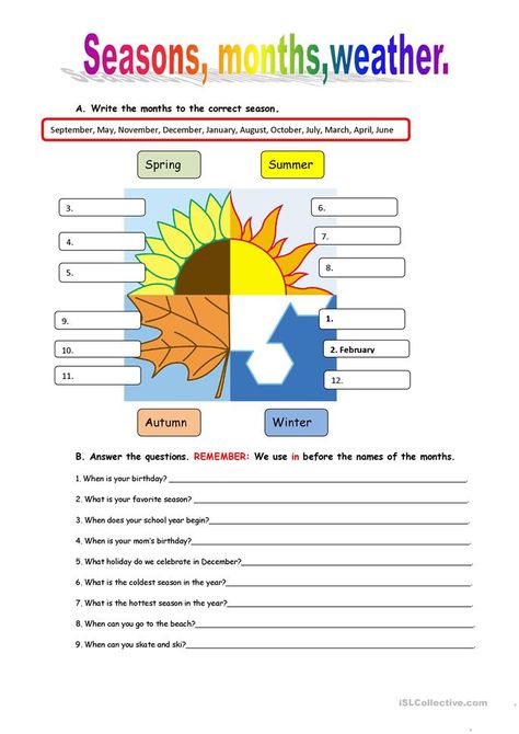 Seasons and weather - English ESL Worksheet for distance learning, home schooling and offline practice of English Weather Esl, Worksheets For Grade 2, Teaching Weather, Seasons Lessons, Seasons And Weather, Seasons Worksheets, Weather Worksheets, Weather Vocabulary, Weather Words