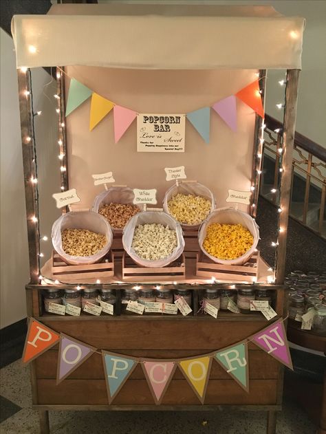 Food Stall Ideas For School, School Food Stall Ideas, Popcorn Bar Teacher Appreciation, Food Stalls Decoration Ideas, Popcorn Station Ideas, Food Fest Stall Decoration Ideas, Popcorn Shop Ideas, Diy Popcorn Cart, Food Fest Decoration Ideas