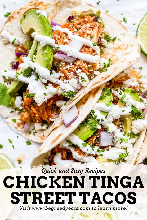 EASY Chicken Tinga Street Tacos Recipe — Be Greedy Eats | Where Food Meets Comfort Street Tacos Sauce, Street Tacos Recipe Chicken, Street Taco Sauce, Chicken Tinga Tacos Recipe, Street Tacos Chicken, Milanesa Recipe, Street Tacos Recipe, Tinga Recipe, Chicken Tinga Recipe