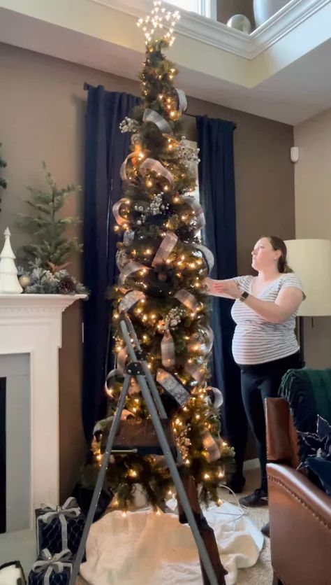 How to Decorate a Skinny Tree With Ribbon Like a Pro | Hometalk White Pencil Christmas Tree Ideas, Slim Christmas Trees Decorated, Pencil Trees Decorating Ideas, Christmas Tree With Ribbon, Tree With Ribbon, Mesh Christmas Tree, Christmas Tree Decorating Tips, Christmas Checklist, Christmas Colour Schemes