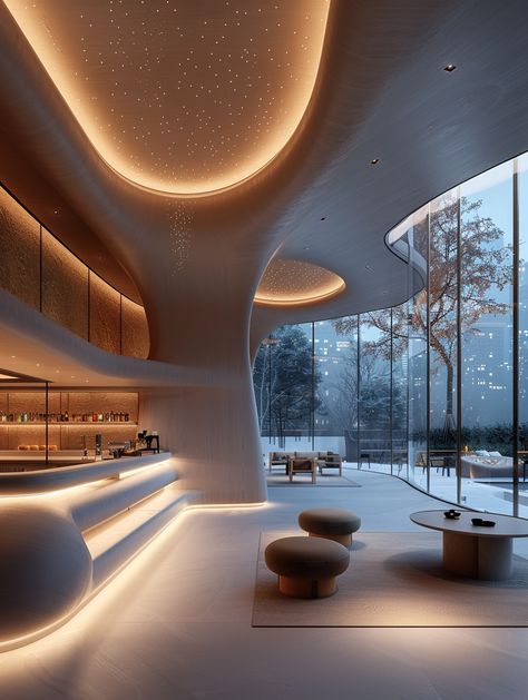 Elegant Zen-Inspired Coffee Shop by Zaha Hadid Zaha Hadid Aesthetic, Zaha Hadid Interior Design, Minimal Cafe Design, Futuristic Cafe, Concept Coffee Shop, Zaha Hadid Interior, Zaha Hadid Design, Inspirational Digital Art, Zen Design