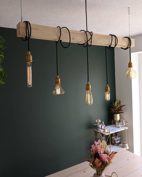 Hanging Light Bulb Lights, Hanging Down Lights, Wooden Beam With Hanging Lights, Hanging Bulb Lights Bedroom, Multiple Lights Hanging, Wood Beam With Hanging Lights, Hanging Edison Bulbs, Hanging Room Lights, Diy Wooden Pendant Light