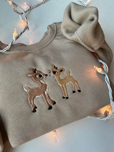 Reindeer Sweatshirt, Whimsical Wardrobe, Reindeer Christmas Sweater, Cute Christmas Sweater, Reindeer Games, Sweatshirt Embroidery, Candle Pedestal, Christmas Embroidery Patterns, Embroidery Download