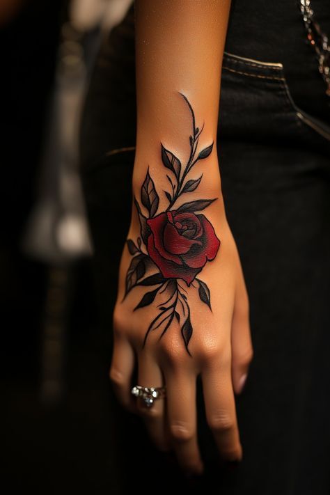 Book With Rose Tattoo, Beautiful Rose Tattoo, Rose Gothic Tattoo, Red Roses Tattoos For Women, Let Them Hand Tattoos For Women, Black And Red Roses Tattoo, Rose Tattoo Hand Woman, Rose Tattoo On Hand For Women, Red Ink Floral Tattoo