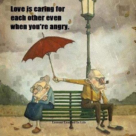 Love is caring for each other even when you're angry.  Old man and woman with umbrella on park bench. Vieux Couples, Relationship Things, Happy Happy Happy, Siluete Umane, Stop Caring, Humor Grafico, 웃긴 사진, E Card, Two People