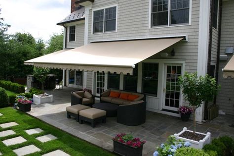 Maybe an awning over the deck? Doesn't allow for creeping plants or lights though. Deck Awnings, Porch Awning, House Awnings, Terrace Ideas, Retractable Awnings, Patio Grande, Awning Shade, Outdoor Awnings, Door Awnings