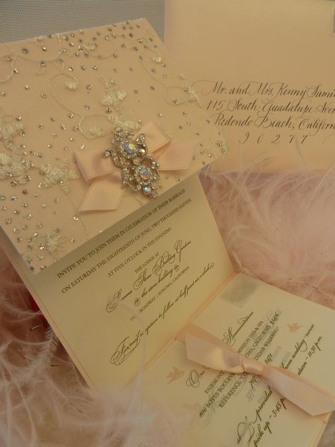 "Sparkle" Wedding Invitation with elegant brooch xo Embellishments Invitations Boxed Invitations, Dream Wedding Ideas, Quince Themes, Quinceanera Pink, Quinceanera Themes Dresses, Pink Quince, Quince Invitations, Quinceanera Planning, Quince Decorations