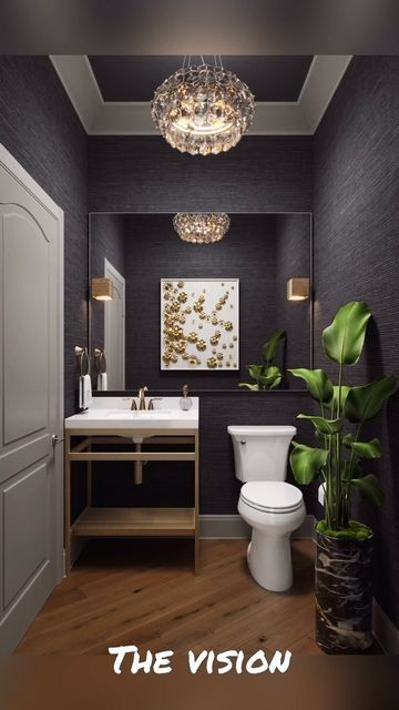 April Gandy on Instagram: "Happy New Year Tuesday! I wanted to share this beautiful powder room we completed. Sometimes it takes a while to get through the entire process but when you reach the finish line it's always so worth it! If you have a powder room that needs an upgrade, let's get to work! Rendering by @duke.renders Wallcovering @phillipjeffriesltd #tipoftheweek #tipstuesday #interiordesigntips #blackownedbusiness #smallbusinessowner #homeoffice #roommakeover #renovation #kitchenrenovation #kitchenremodel #kitchengoals #diningroommakeover #diningroomgoals #bathroomrenovation #bathroomremodel #bathroomgoals #livingroommakeover #livingroomgoals #glamroommakeover #familyroommakeover #interiordesign #interiordesigner #blackinteriordesigner #chicagointeriordesigner #chicagointerio Powder Room Ideas Small, Moody Bathrooms, Small Powder Bathroom Ideas, Moody Powder Room, Powder Bathroom Ideas, Black Powder Room, Beautiful Powder Rooms, Luxury Powder Room, Luxury Powder