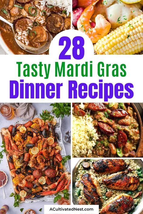 28 Tantalizing Mardi Gras Dinner Recipes- Celebrate Mardi Gras in culinary style with our curated selection of tantalizing Mardi Gras dinner recipes! From jambalaya to gumbo, experience the vibrant flavors of the season.| #MardiGrasRecipes #dinner #shrimp #dinnerIdeas #ACultivatedNest Mardi Gras Meal Ideas, Mardi Gras Food Dinners, Mardi Gras Dinner Recipes, Mardi Gras Menu Ideas Dinners, Mardi Gras Meals, Mardi Gras Food Ideas Parties, Mardi Gras Dinner Ideas, Mardi Gras Pasta, Mardi Gras Recipe