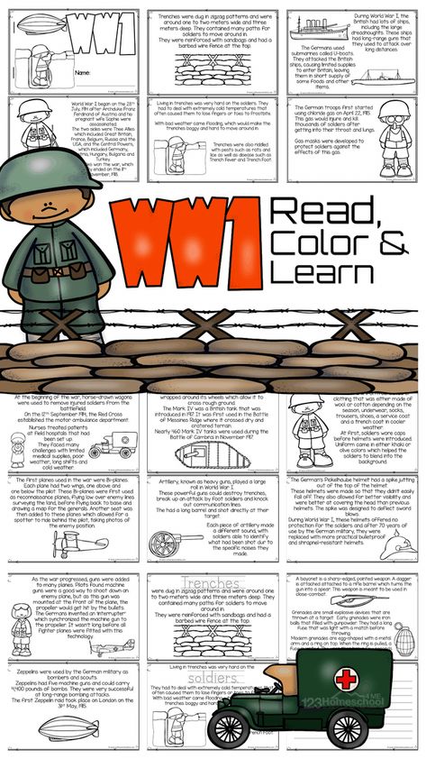 Whether you are diving into a history lessons for kids about the first world war in your classroom, a world war one unit in your homeschool, or area parent learning about world war 1 for kids - this WW1 for kids readers is filled with interesting facts about WW1 for kids for children to read, color, and learn!  Use this free printable World War 1 worksheet is handy to use with preschool, pre-k, kindergarten, first grade, 2nd grade, 3rd grade, 4th grade, and 5th grade students. Simply print the W First Grade History Lessons, Second Grade History Lessons, 123 Homeschool 4 Me Free Printable, Ww1 Project Ideas, Canada For Kids, Germany For Kids, History Lessons For Kids, Elementary History, American History Homeschool