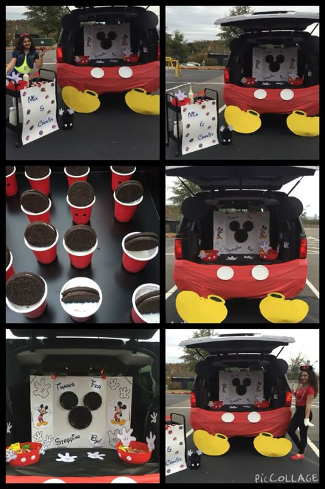 Mickey Mouse inspired trunk r' treat Church Trunk, Trunker Treat Ideas, Trio Halloween Costume Ideas, Trunk Or Treat Ideas, Trio Halloween Costume, Fall Carnival, Mickey Halloween, Treat Ideas, Trunk Or Treat