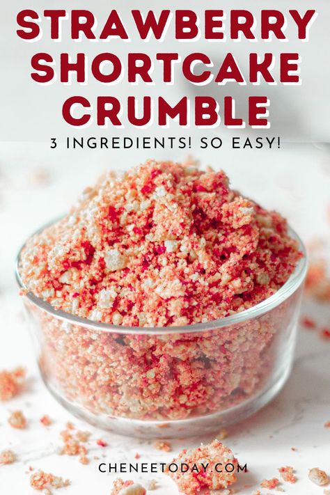 How to make DIY strawberry shortcake crumble topping with oreos and freeze-dried strawberries! This strawberry crunch crumble recipe is perfect for strawberry crunch cake, cheesecake, cupcakes, and cookies, these strawberry shortcake crumbles are so easy with only 3 ingredients! #strawberrycrunchcake #strawberrycrunch #strawberrydesserts #strawberryshortcake Strawberry Cheesecake Crunch Cookies, Vegan Strawberry Shortcake Cupcakes, Strawberry Shortcake Muffin Recipe, Strawberry Crunch Muffins, Strawberry Shortcake Cookie Crumble, Crumble Strawberry Shortcake, Dry Ice Cake Ideas, Strawberry Cheesecake Cookies Crumbl, Strawberry Shortcake Crumble Cookies