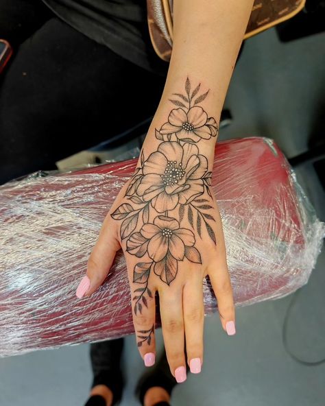 Moon Arm Sleeve Tattoo, Flowers Tattoo Hand Women, Cherry Blossom Hand Tattoos For Women, Flowers Tatoos Arms, Tulip Hand Tattoo, Hand Flower Tattoos For Women, Arm And Hand Tattoos For Women, Hand Tattoos For Women Flowers, Inside Forearm Tattoo Women Sleeve