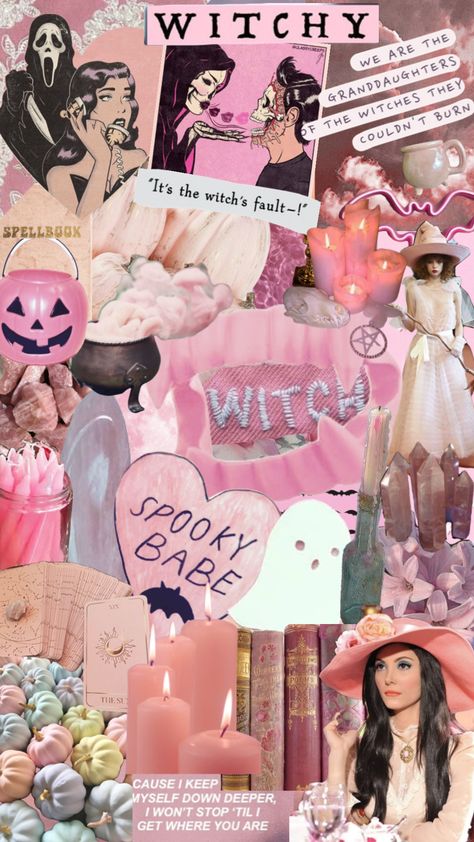 #pink #witch #shuffles #pinkwitch Pink Halloween Collage, Witch Screensaver, Pink Witchy Aesthetic, Pink Witch Wallpaper, Girly Witch Aesthetic, Pink Witch Aesthetic Wallpaper, Witch Background Wallpapers, Bubblegum Witch Aesthetic, Witch Wallpaper Iphone